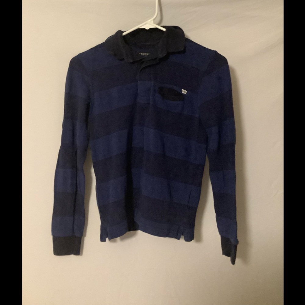 Shades of blue striped collared long sleeved shirt for kids